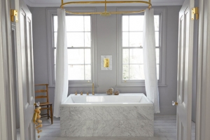 louisa grey bathroom with gold taps
