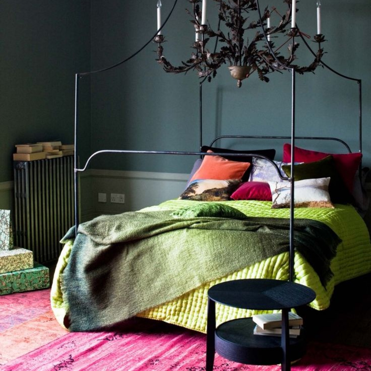Dark Moody Bedroom With Bright Green And Red Accents 1200x1200 