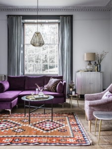 PP Paul three seater chaise in Sloe Lane deepest velvet from £1400 Joan armchair in Send Rioja flecked cotton from £499