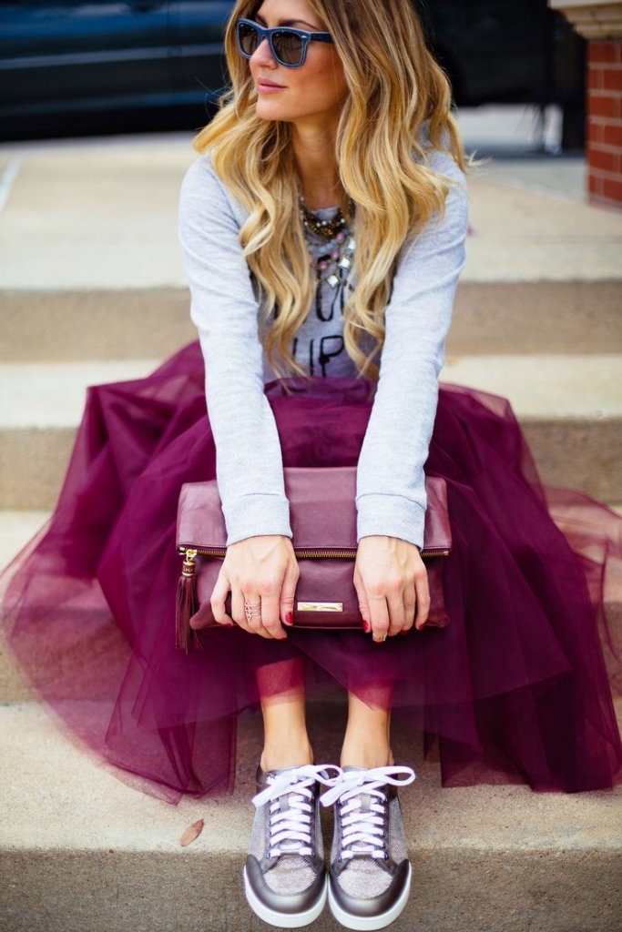 purple tulle skirt with sweatshirt and sneakers