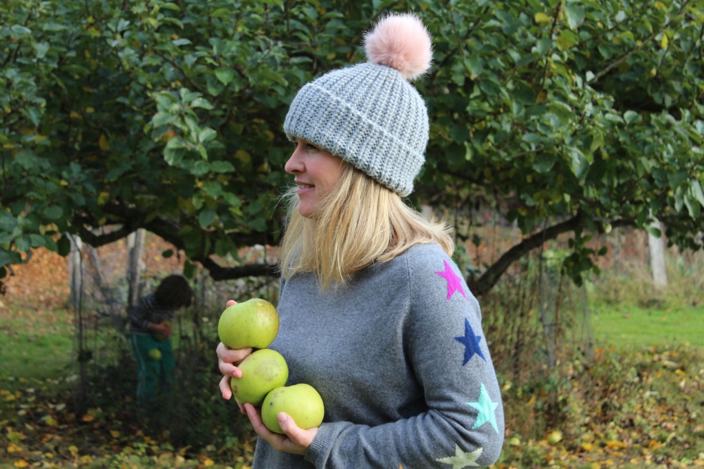Stylist Sophie Robinson collects Bramely apples at her home is Sussex for baking for Bonfire night.