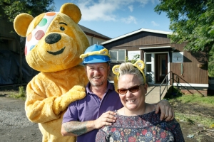Pudsey Mark Millar Build Manager of DIY SOS and Emma Lewis Chair of The Roots Foundation Wales  DIY SOS The Million Pound Build for Children in Need