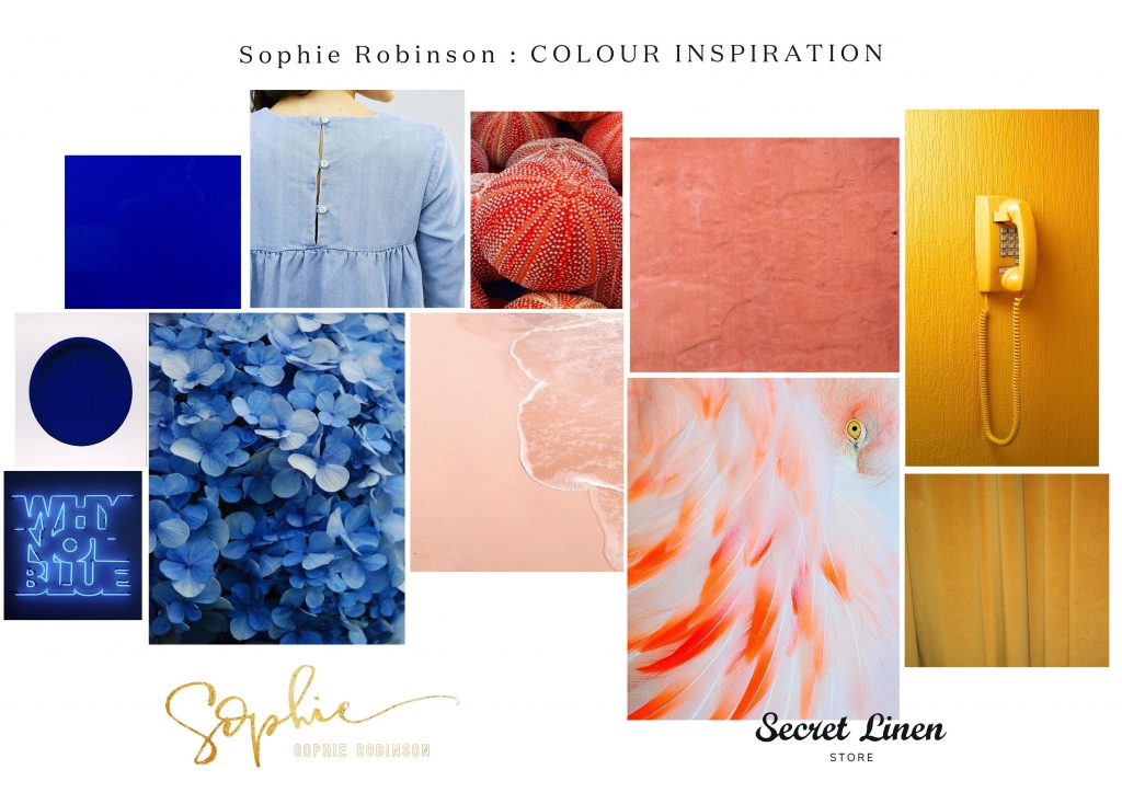 colour inspiration mood board for bedlinen rage at secret linen store by sophie robinson