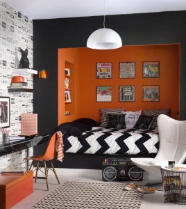 monochrome orange bedroom