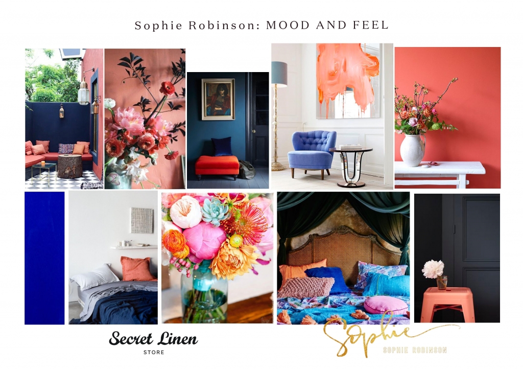 moodboard in coral, yellow and cobalt blue for secret linen bed linen range designed by interior designer sophie robinson