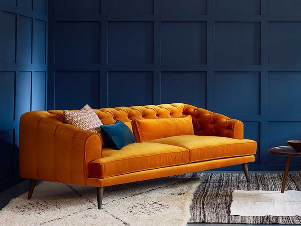 Interior Designer Sophie Robinson selects favourite velvet sofas Love Your Home Tangerine velvet Earl Grey chesterfield