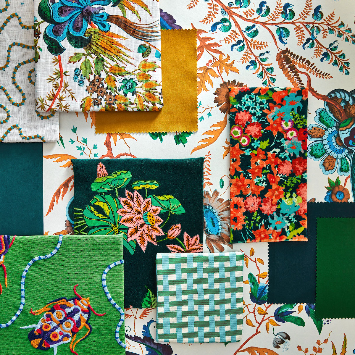 a mood board with bold maximlaist patterns and fabrics