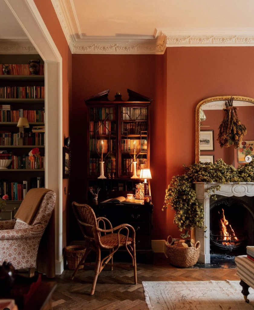 autumnal fireplace styling, terracotta living room